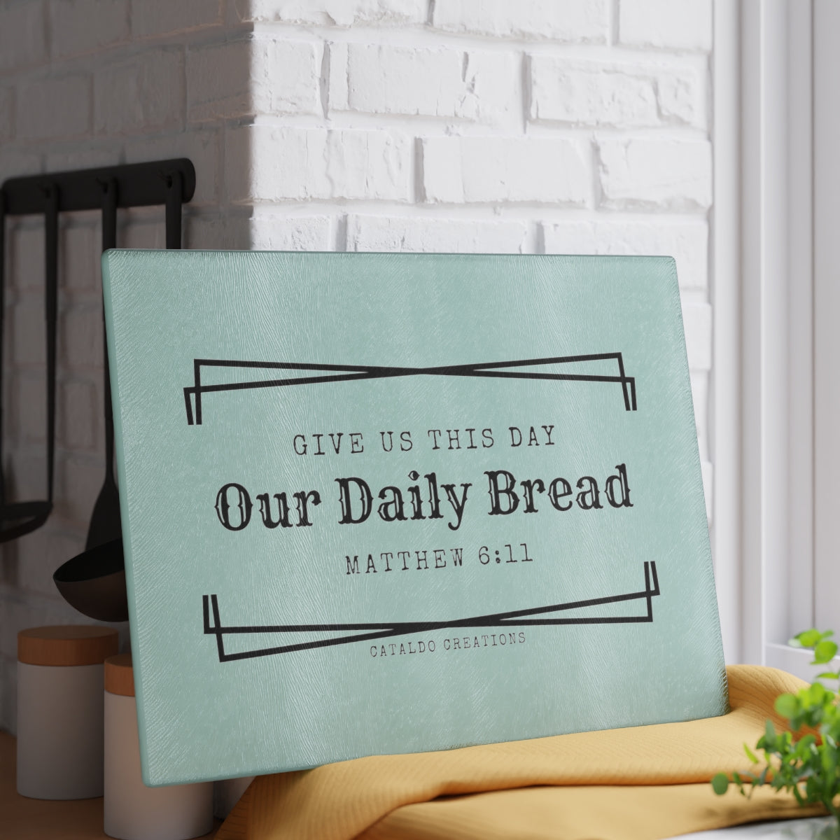 Give Us This Day Our Daily Bread. Matthew 6:11 bible verse glass kitchen cutting board. Perfect for the Christian home and Christian kitchen!